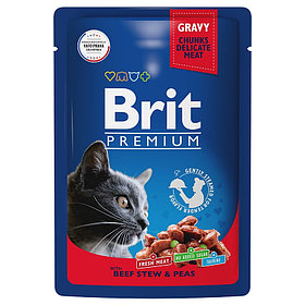 "Brit" Premium Пауч для взрослых кошек с говядиной и горошком в соусе 85г