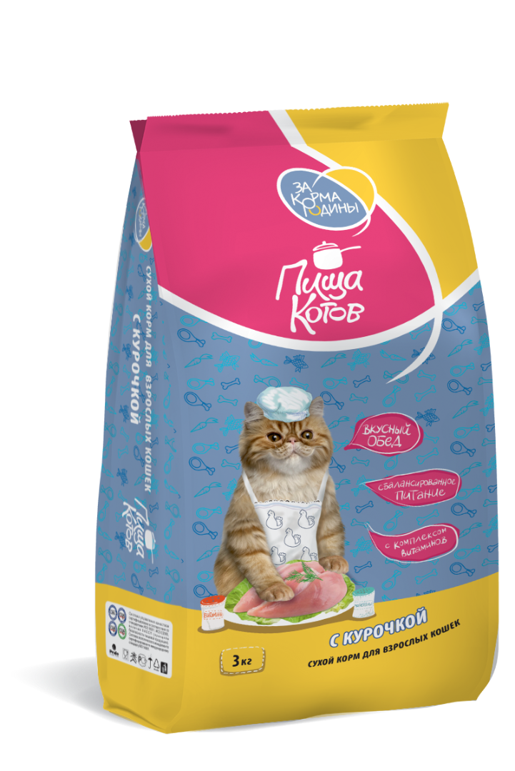 ЗА КОРМА РОДИНЫ Пища котов-сухой корм для взрослых кошек от 1 года с курочкой.3 кг.(Россия) - фото 1 - id-p197845747