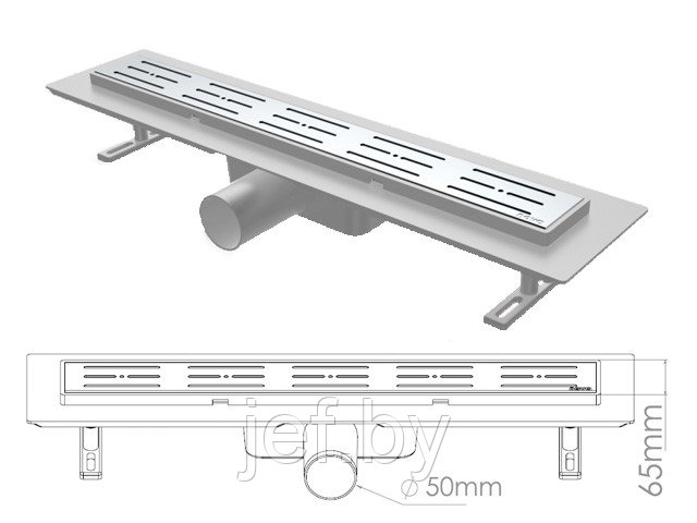 Сливной трап горизонтальный D 50 решетка нержавеющая с площадкой под плитку 65х600мм полоски NOVA 5203.001