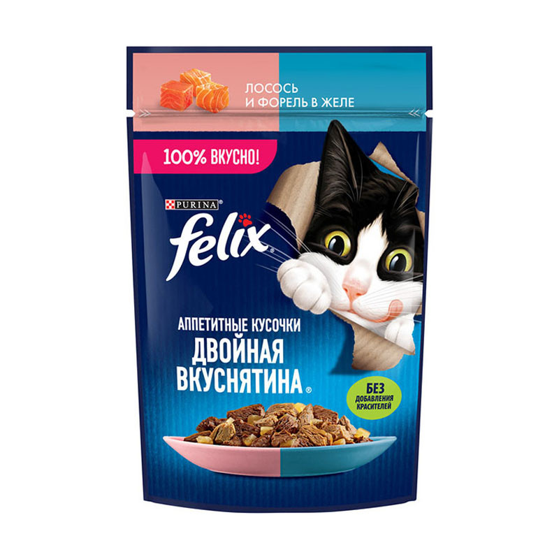 "Felix Двойная вкуснятина" Пауч для взрослых кошек лосось и форель в желе 75г