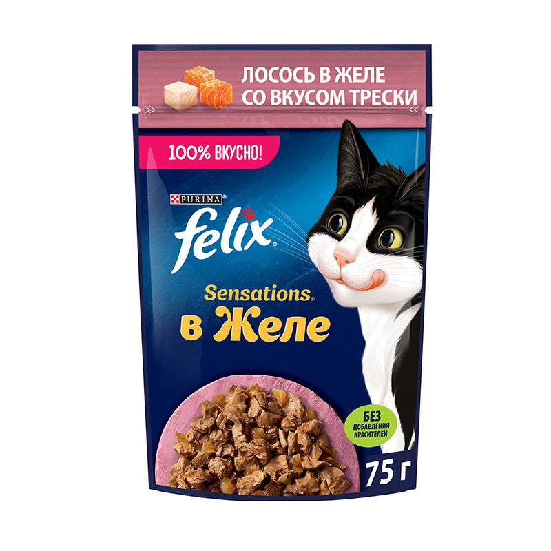 "Felix Sensations" Пауч для кошек лосось в желе со вкусом трески 75г - фото 2 - id-p197858526