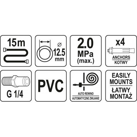Шланг PVC пневматический d12.5ммх15м 2.0MPa с наружной резьбой 1/4" на автоматической катушке "Yato" YT-24246, фото 2