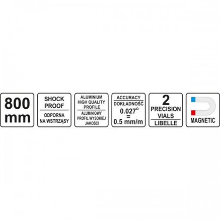 Уровень алюминиевый с ручкой 2 глазка 800мм с магнитом (бытовой) YT-30062, фото 2