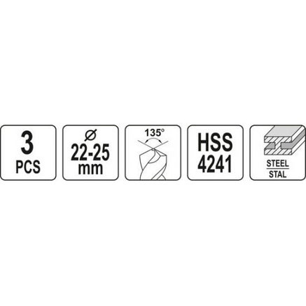 Свёрла по металлу 22, 24, 25мм (набор 3шт) HSS 4241 "Yato" YT-44626, фото 2