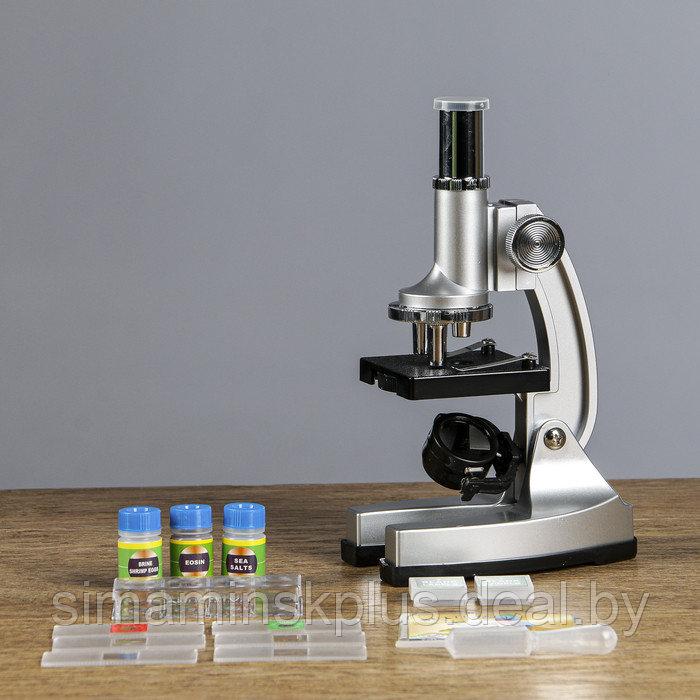 Микроскоп "Исследование", кратность увеличения 600х, 300х, 100х, с подсветкой, серебристый - фото 1 - id-p197897254
