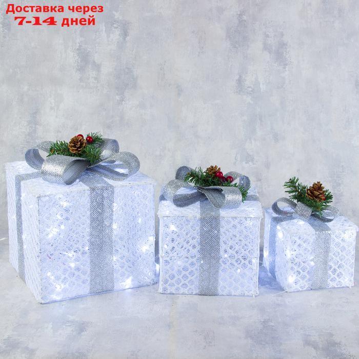Фигура текстиль "Подарки белые с серой лентой"15х20х25 см, 60 LED, 220V, БЕЛЫЙ - фото 1 - id-p197866309