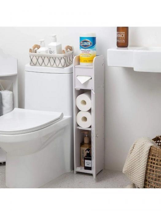 Шкаф пенал для ванной комнаты туалета кухни напольный с полками и держателем для бумаги органайзер MP26 белый - фото 9 - id-p197922340
