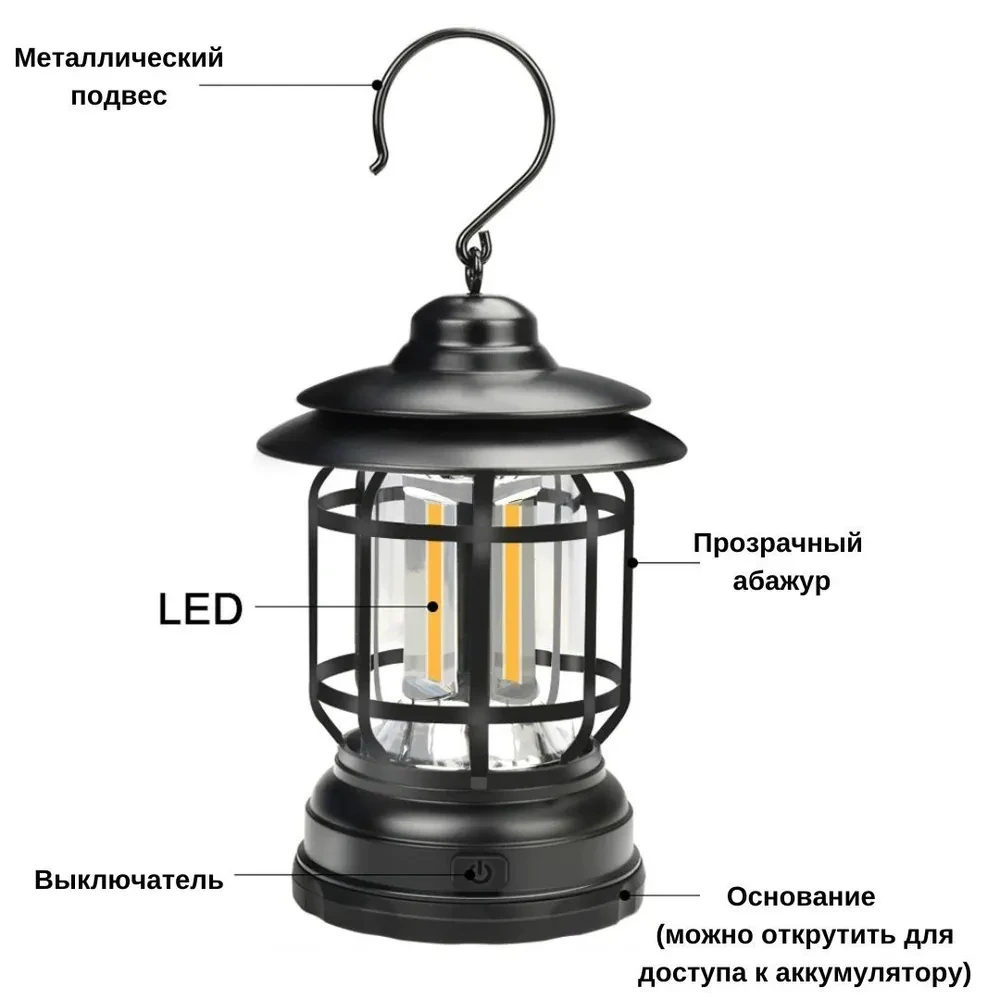 Светодиодный винтажный кемпинговый фонарь HY-L27 подвесной регулятор яркости - фото 3 - id-p197931299