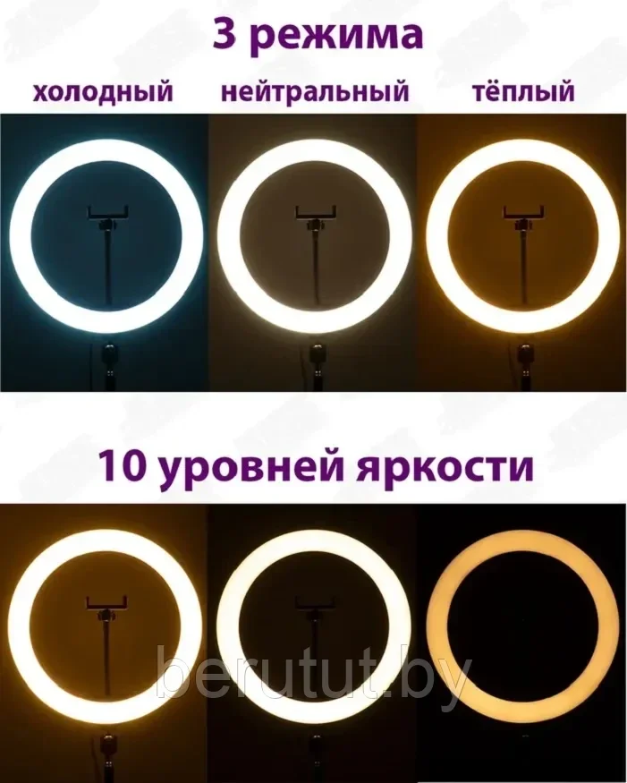 Кольцевая лампа 33 см LED +Штатив 210см + Держатель телефона (Светодиодные лампы для селфи) +ПОДАРОК - фото 2 - id-p198008711