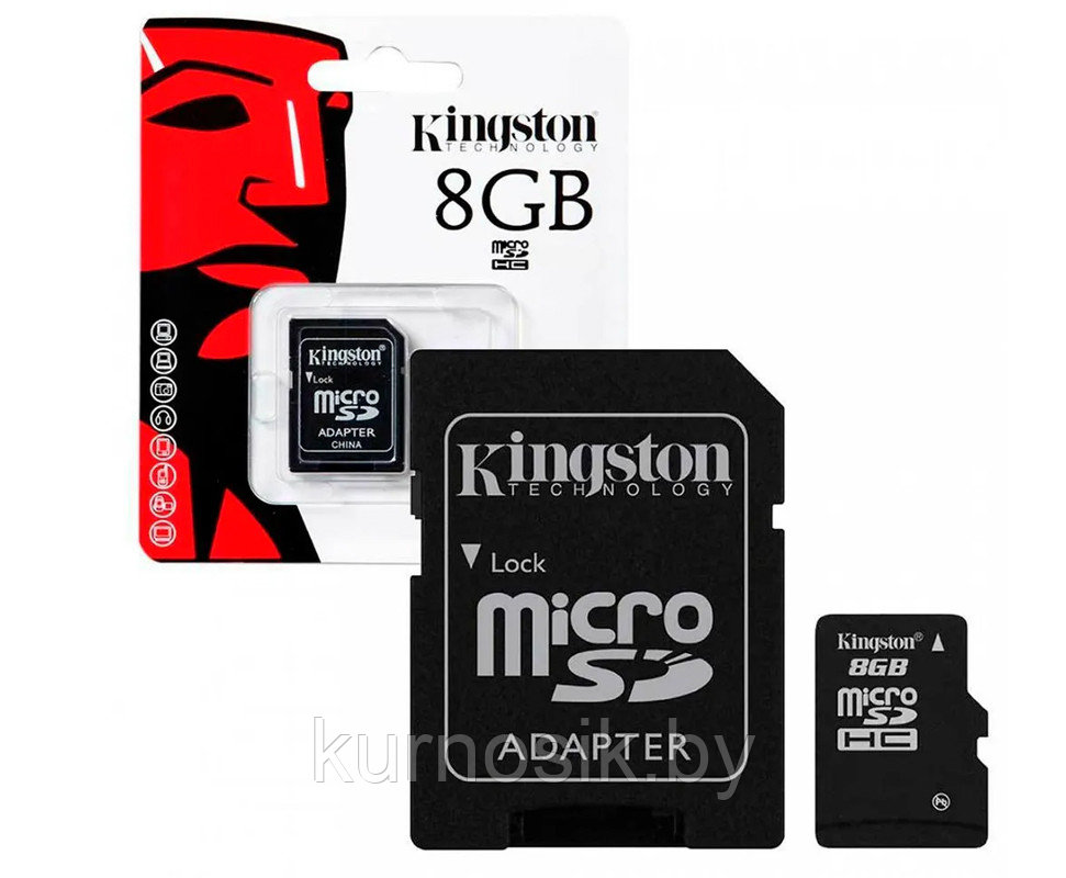 Карта памяти MicroSD 8 Gb Kingston 10 class с переходником (адаптер) - фото 5 - id-p198026275