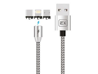 EX-K-789 Кабель 3в1 USB - microUSB/8 Pin/TYPE-C 1М 2.1A Magnetic круглый нейлон серебро EXPLOYD