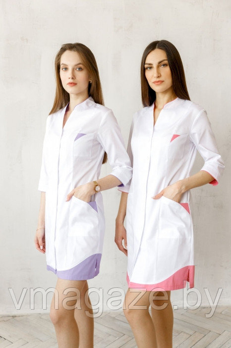 Медицинский халат,женский (цет белый,сиреневая отделка) - фото 1 - id-p198045602