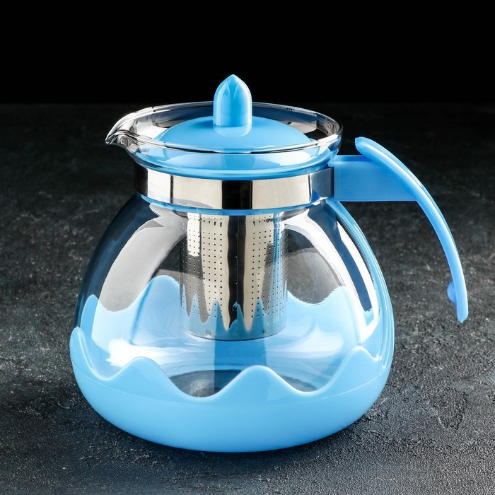 Чайник стеклянный заварочный Доляна «Волна», 1,5 л, с металлическим ситом, цвет голубой - фото 1 - id-p198063291