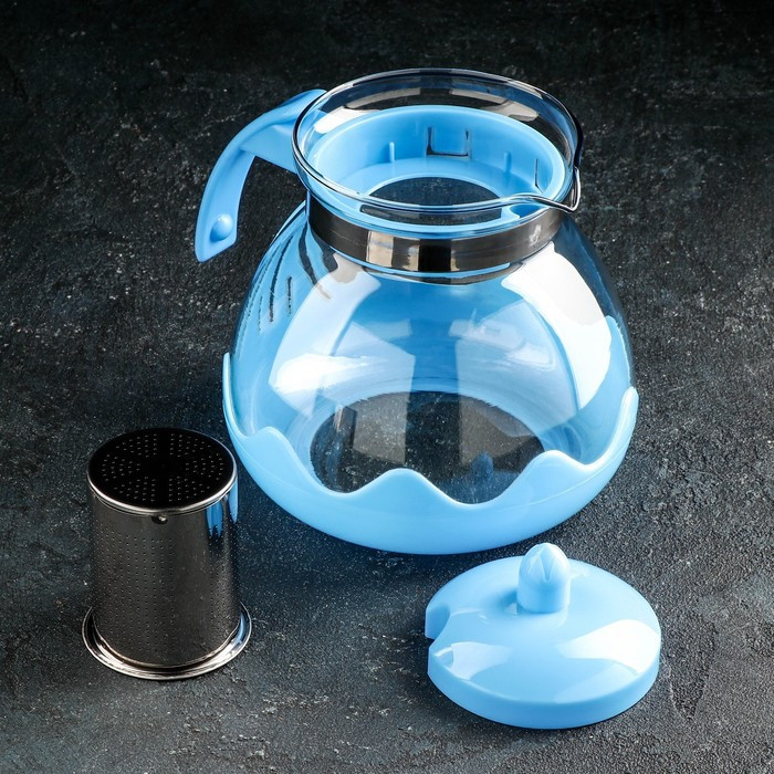 Чайник стеклянный заварочный Доляна «Волна», 1,5 л, с металлическим ситом, цвет голубой - фото 2 - id-p198063291