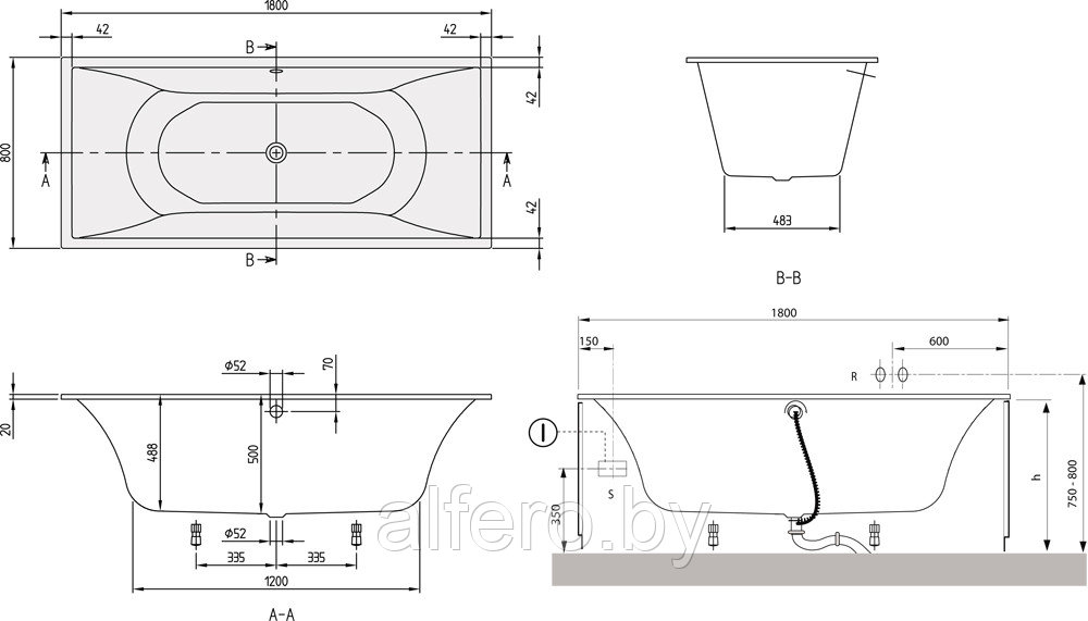 Ванна квариловая Villeroy&Boch La Belle 180x80, с панелью, слив-перелив, белая, UBQ180LAB2PDV-01 - фото 2 - id-p198091577