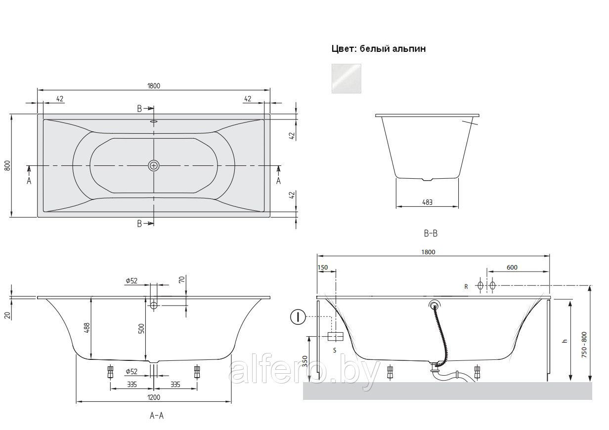 Ванна квариловая Villeroy&Boch La Belle 180x80, с ножками, белая, UBQ180LAB2V-01 - фото 2 - id-p198091578