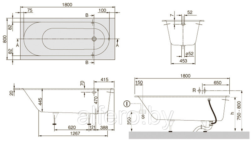 Ванна квариловая Villeroy&Boch Oberon 180x80, с ножками, без отв перелива, белая, UBQ180OBE2V-01 - фото 5 - id-p198091584