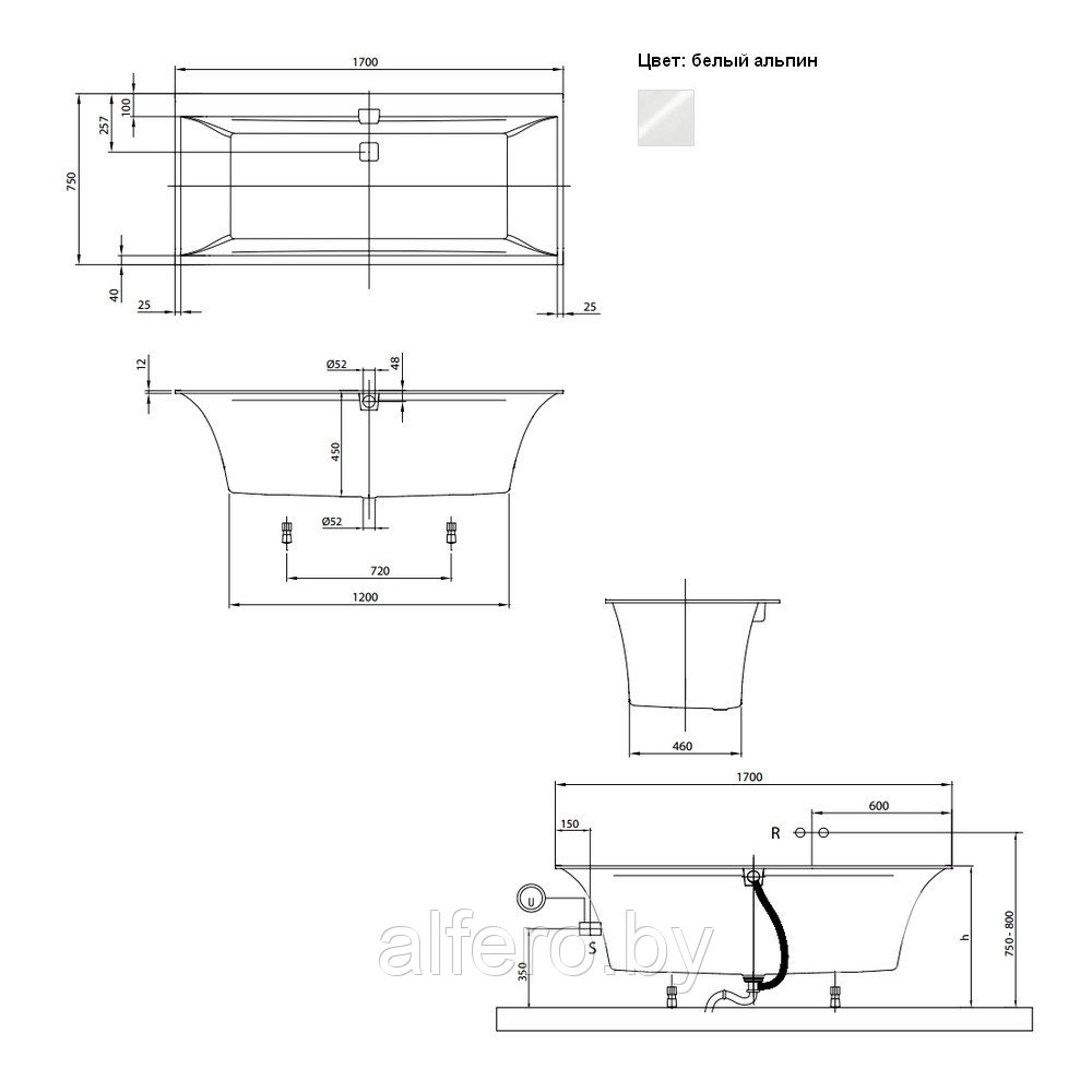 Ванна квариловая Villeroy&Boch Squaro Edge 12 170x75, с ножками, слив-перелив, белая, UBQ170SQE2DV-01 - фото 3 - id-p198091590