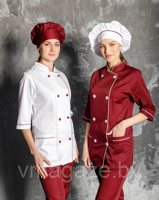 Китель поварской,шеф-повара,женский(цвет бордо,отделка-белая) - фото 1 - id-p198096855