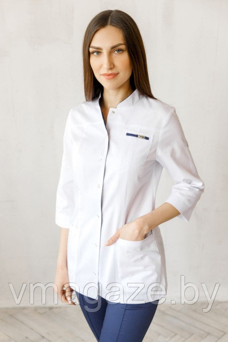 Медицинский жакет,женский(цвет белый,отделка темно-синяя) - фото 2 - id-p198164520