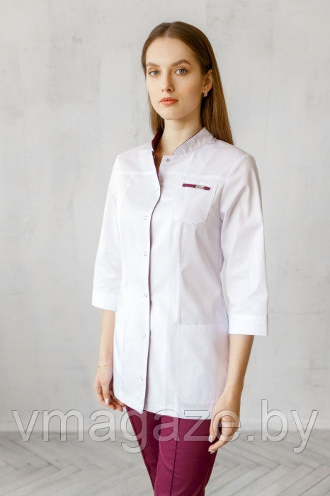 Медицинский жакет,женский(цвет белый,отделка бордо) - фото 1 - id-p198164546