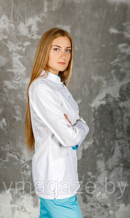 Медицинский жакет, женский (отделка бирюза, цвет белый) - фото 2 - id-p176506464