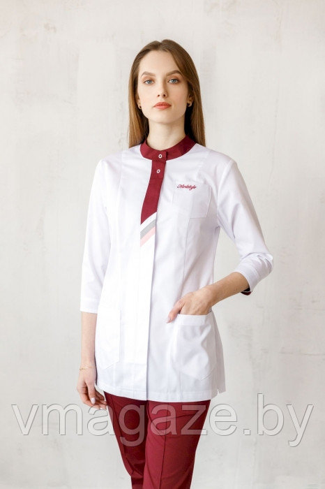 Медицинский жакет женский (цвет белый,отделка-бордовая) - фото 1 - id-p198181604