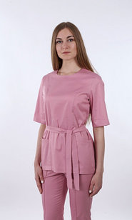 Медицинская женская блуза на молнии с поясом(цвет пудра)