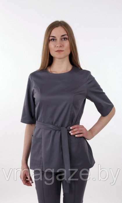 Медицинская женская блуза на молнии споясом(цвет темно-серый)