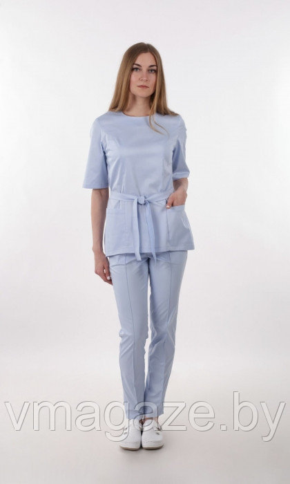 Медицинская женская блуза на молнии с поясом(цвет голубой)