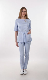 Медицинская женская блуза на молнии с поясом(цвет голубой)