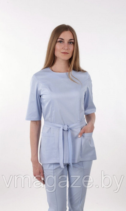 Медицинская женская блуза на молнии с поясом(цвет голубой) - фото 2 - id-p198366376