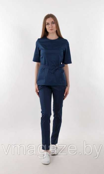 Медицинская женская блуза на молнии с поясом(цвет темно-синий) - фото 1 - id-p198366509