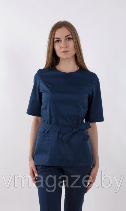 Медицинская женская блуза на молнии с поясом(цвет темно-синий) - фото 2 - id-p198366509