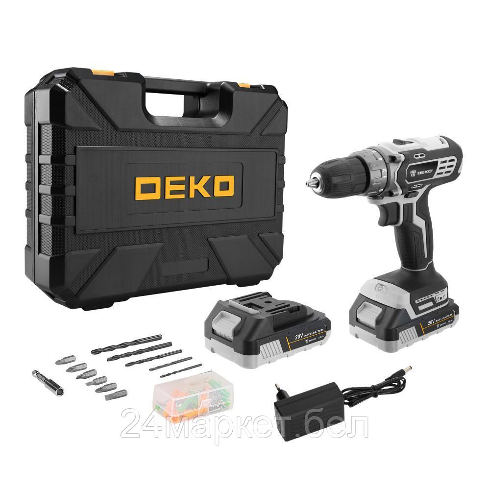 Дрель-шуруповерт аккумуляторная DEKO DKCD20 Black Edition SET 3 в кейсе + набор 63 инструмента, 20В, 2*2.0Ач