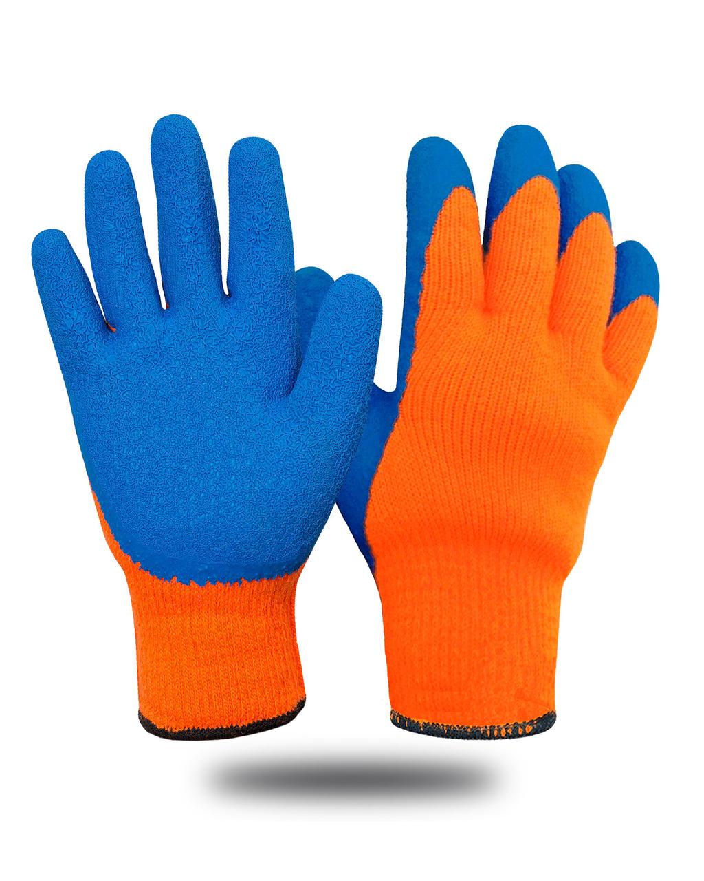 Перчатки утепленные оранжевые, акрил с синим рифленым латексным покрытием 7 кл.(х100) - фото 1 - id-p198361089