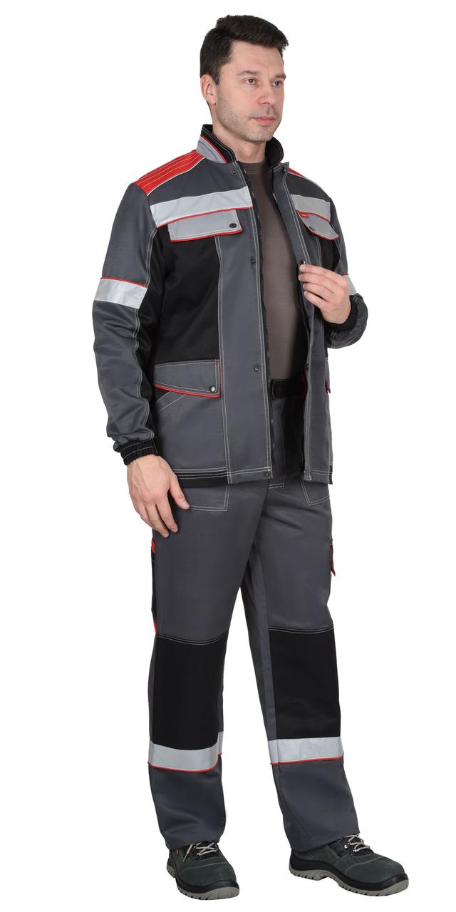 Костюм мужской летний «СИРИУС-ПОЛИНОМ» куртка и брюки, т.серый с черным со св.серым и красным, СОП