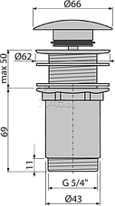 Водослив для умывальника CLICK/CLACK 5/4 цельнометаллический с большой заглушкой ALCAPLAST A392C, фото 2