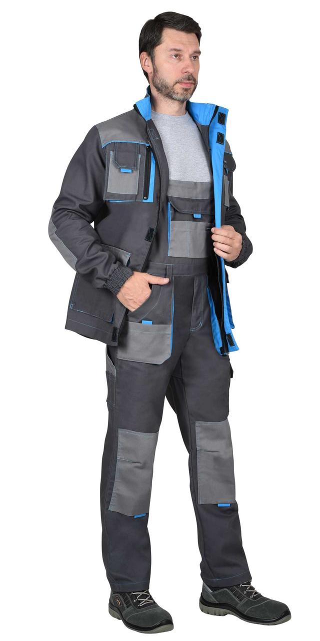 Костюм "СИРИУС-Двин" куртка, п/к т.серый со ср.серым и голубой отделкой пл. 275 г/кв.м
