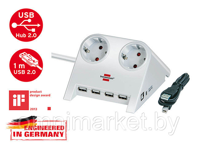 Удлинитель настол. 1.8м (2 роз., 4 USB порта, 3.3кВт, с/з, ПВС) Brennenstuhl бел. Desktop-Power-Plus (белый, - фото 1 - id-p198387394