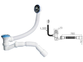 Сифон для ванны низкий h 120mm, с выпуском  и переливом 70 мм, с гибкой трубой 40х40/50, NOVA