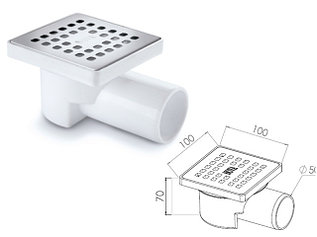 Сливной трап горизонтальный D 50, с сухим затвором, решетка нерж. 100х100 мм, NOVA