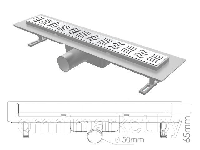 Сливной трап горизонтальный D 50, решетка нерж.с площадкой под плитку, 65х600мм, волна, NOVA - фото 1 - id-p198388347