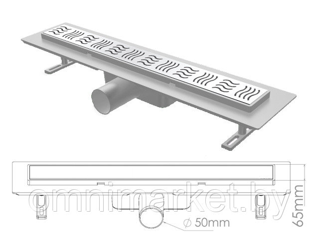 Сливной трап горизонтальный D 50, решетка нерж. с площадкой под плитку, 65х700мм волна, NOVA