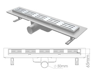 Сливной трап горизонтальный D 50, решетка нерж. с площадкой под плитку, 65х900мм полоски, NOVA