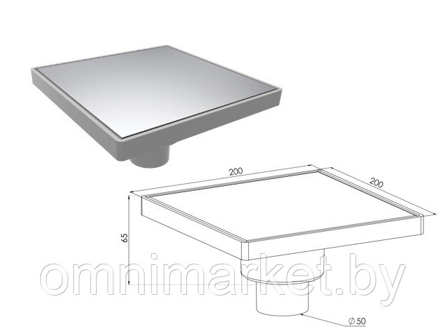 Сливной трап вертикальный D 50, решетка нерж. 200х200 мм, NOVA