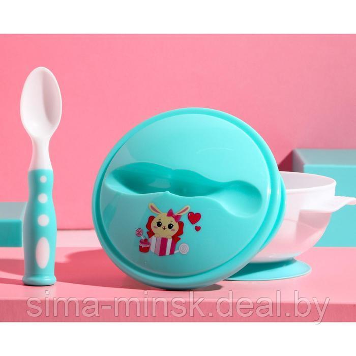 Набор детской посуды «Зайчик», 3 предмета: тарелка на присоске, крышка, ложка, цвет бирюзовый - фото 1 - id-p198396765