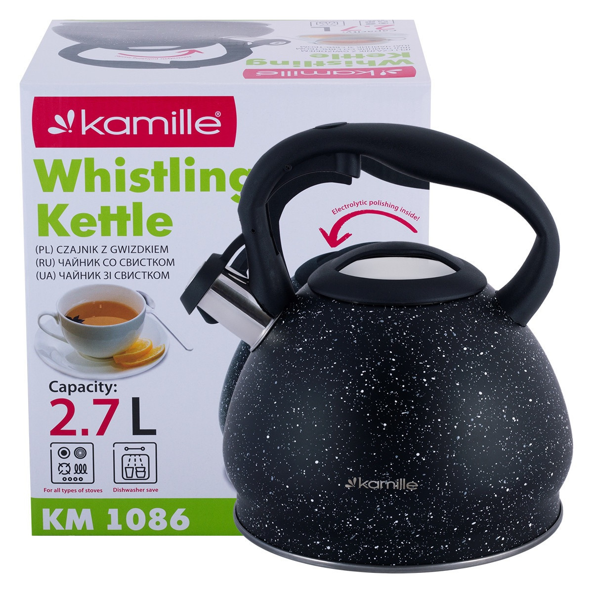 Kamille / Чайник 2,7 л. из нержавеющей стали со свистком  (черный мрамор), фото 1