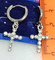 Серьги Кресты со стразами колечко женские красивые серебристые бижутерия