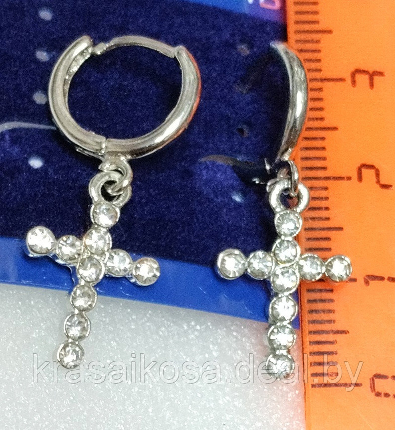 Серьги Кресты со стразами колечко женские красивые серебристые бижутерия - фото 1 - id-p137087050